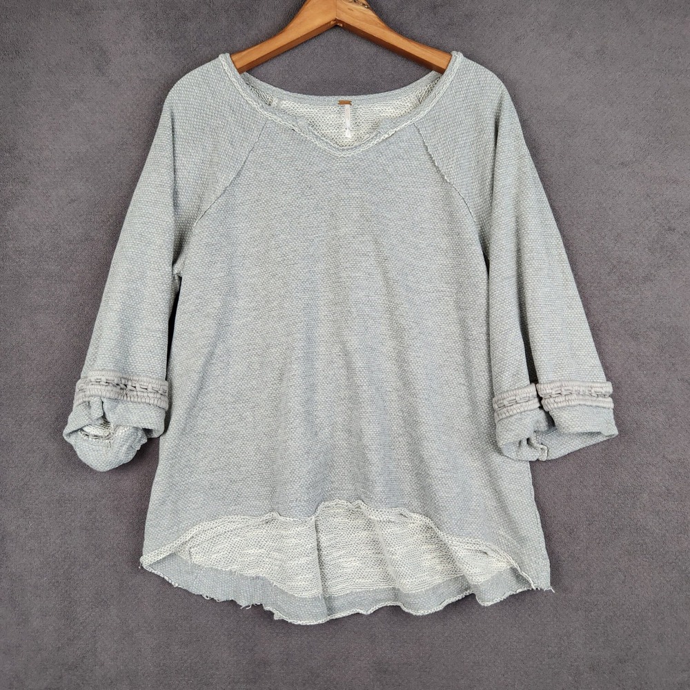 Free People Split Neck Tunic Sweater Womens Small Gray Terry Bell Sleeve Raw Hem